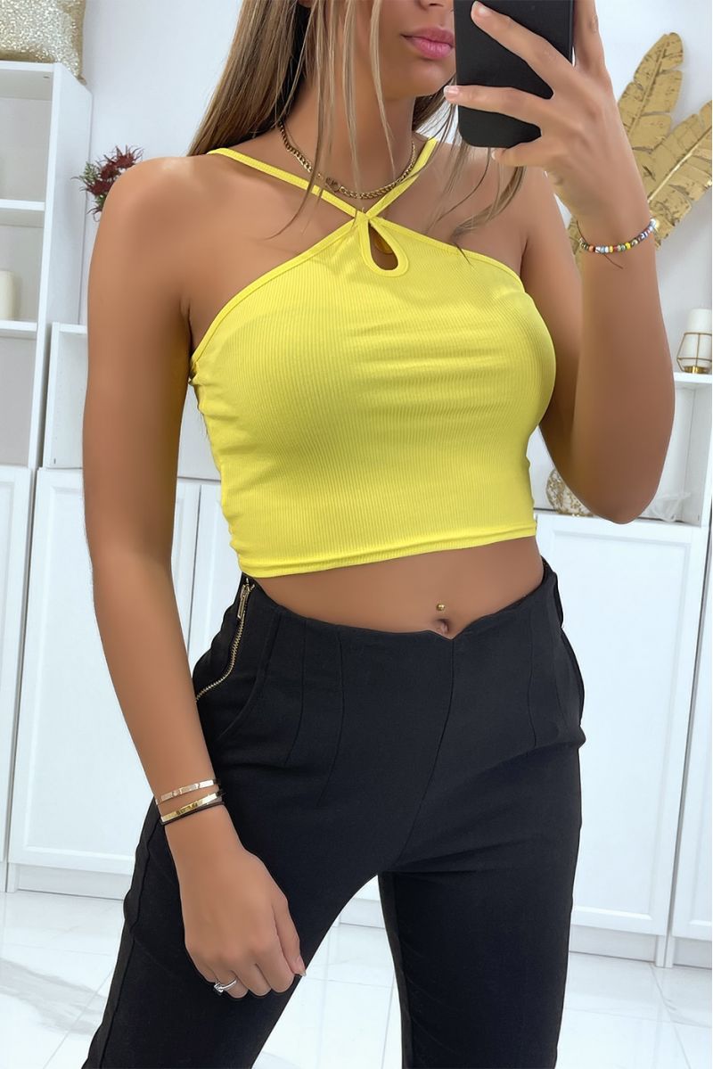 Crop top jaune côtelé à bretelles fines croisées au col - 1 Crop top jaune côtelé à bretelles fines croisées au col - 1