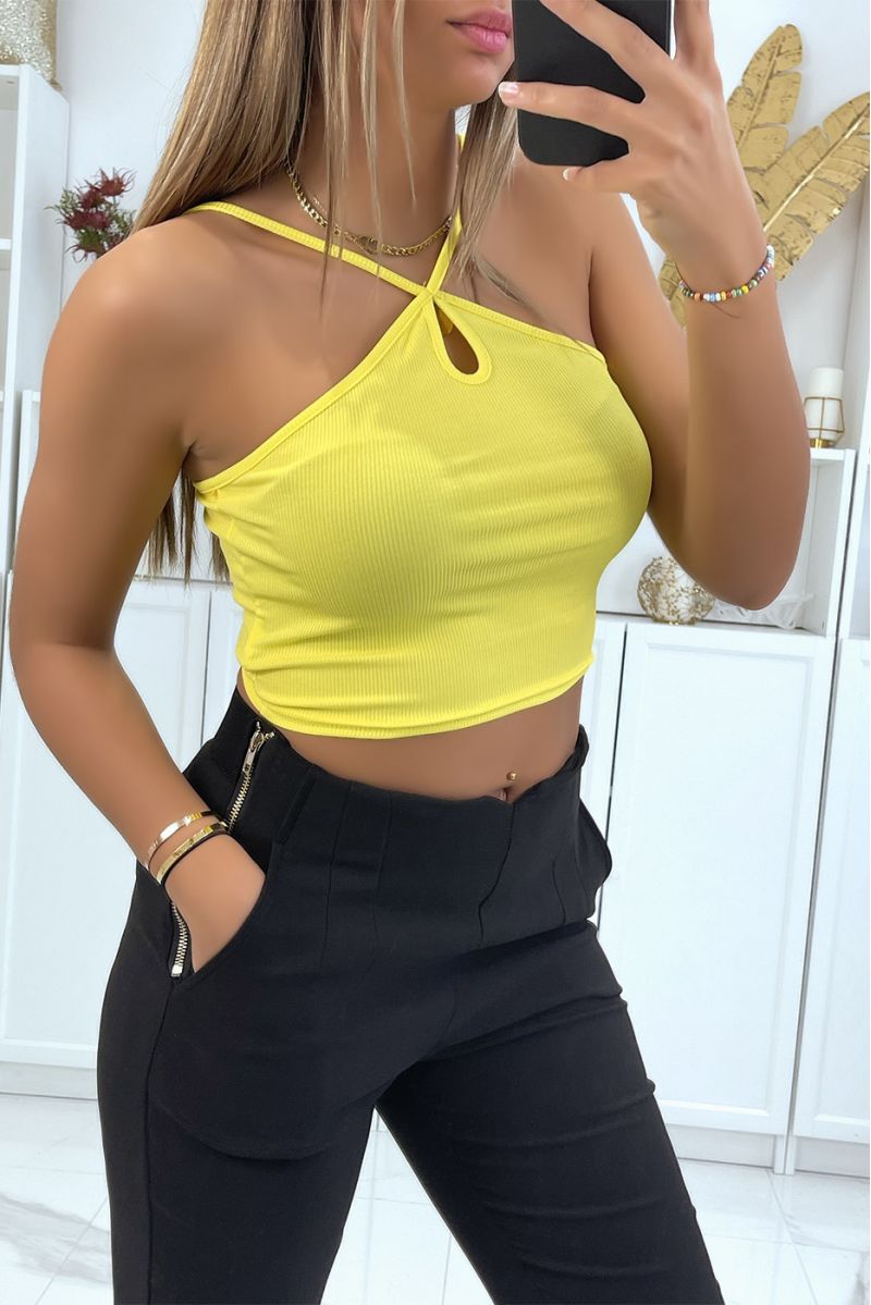 Yellow ribbed crop top with spaghetti straps that cross at the collar - 3