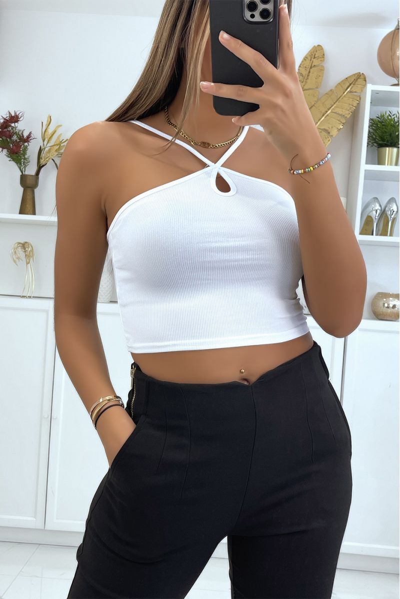 White ribbed crop top with spaghetti straps that cross at the collar - 2