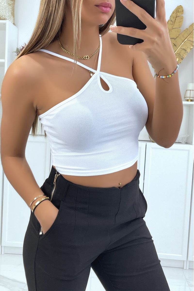 White ribbed crop top with spaghetti straps that cross at the collar - 3