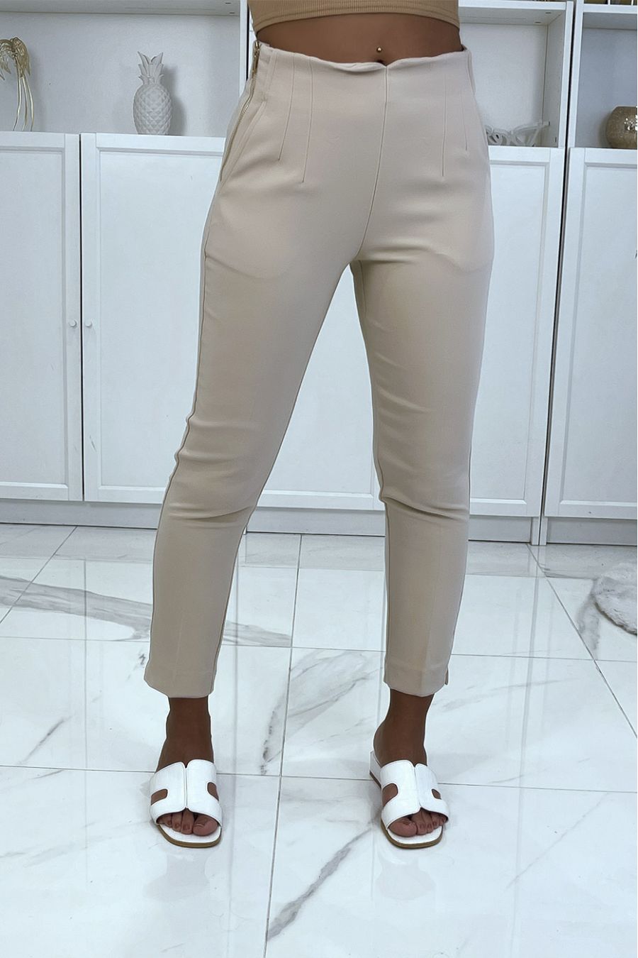 PaBBon beige high-waisted pleated balon with gold zip fastening - 2