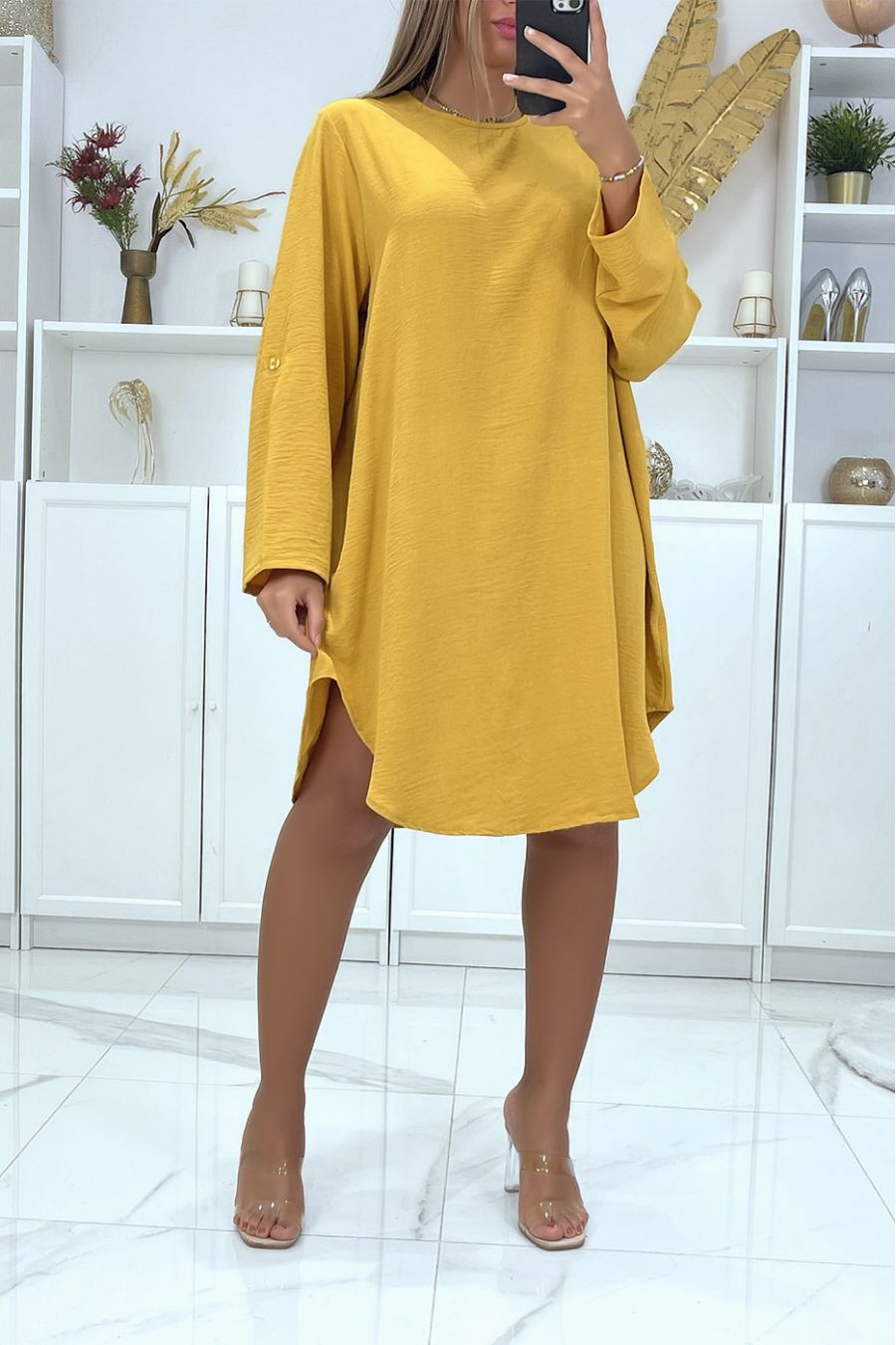 Trendy asymmetric round neck oversize mustard tunic dress