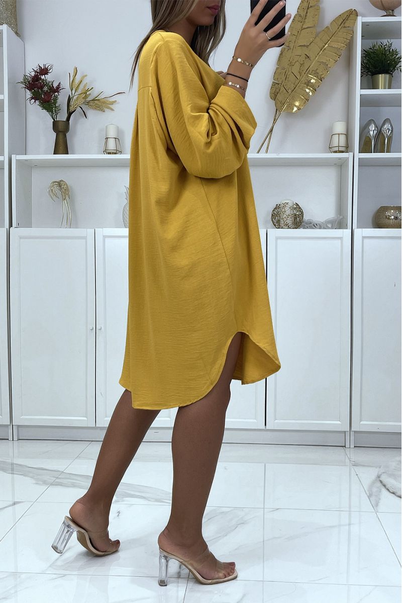 Trendy asymmetric round neck oversize mustard tunic dress - 4