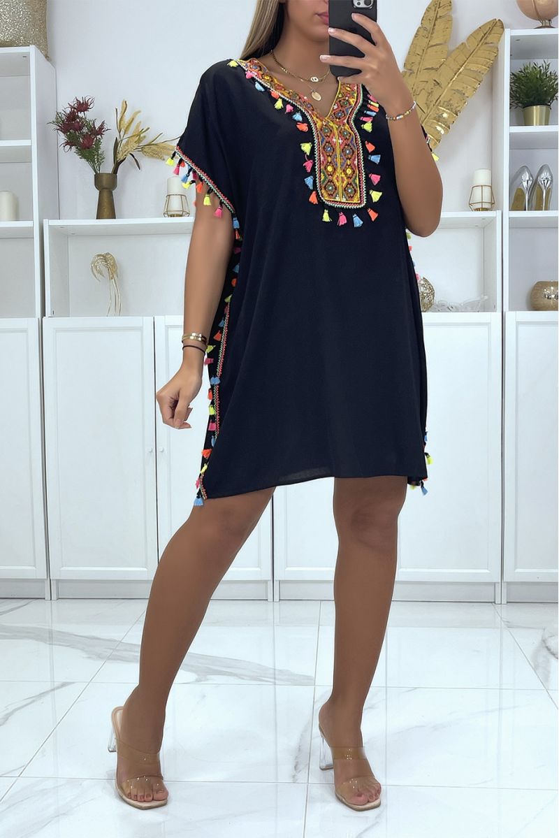 Black tunic top with multicolored details and small pompoms on the sides - 1