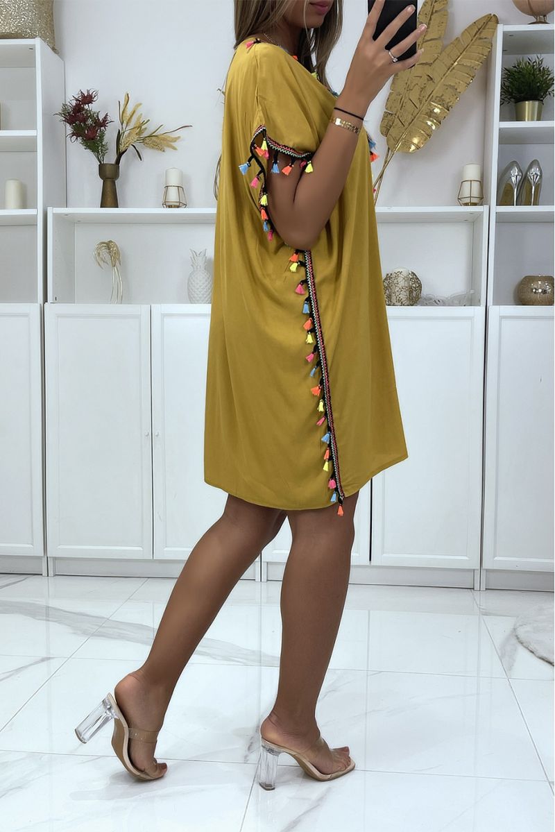 Mustard tunic top with multi-colored details and small pompoms on the sides - 3