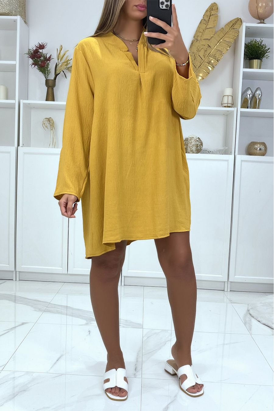 Oversized mustard tunic dress with small buttons on the sleeves - 2