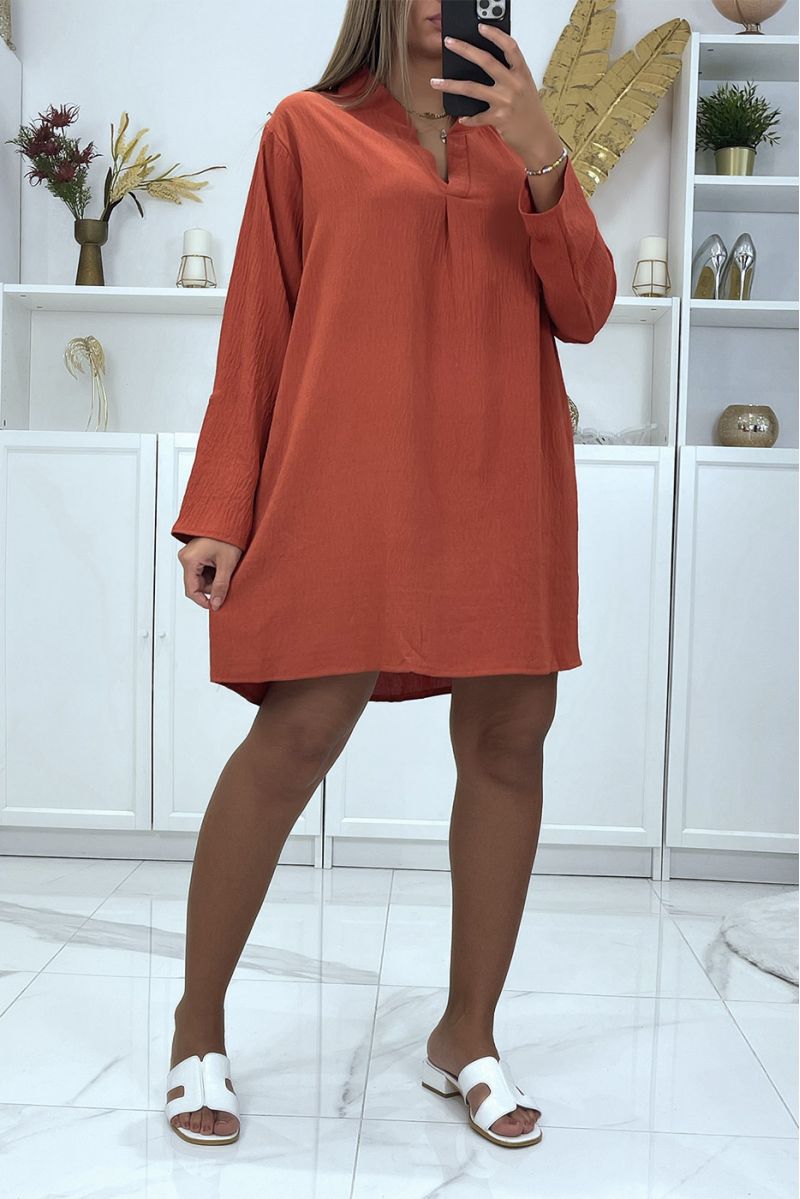 Robe tunique cognac oversize avec petits boutons sur les manches - 1