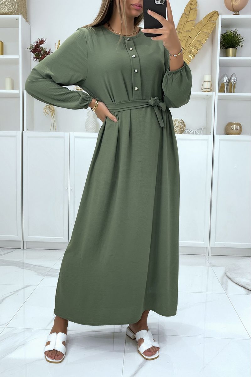 Robe longue kaki à col montant et manches longues couverte et ceinturé à la taille - 1