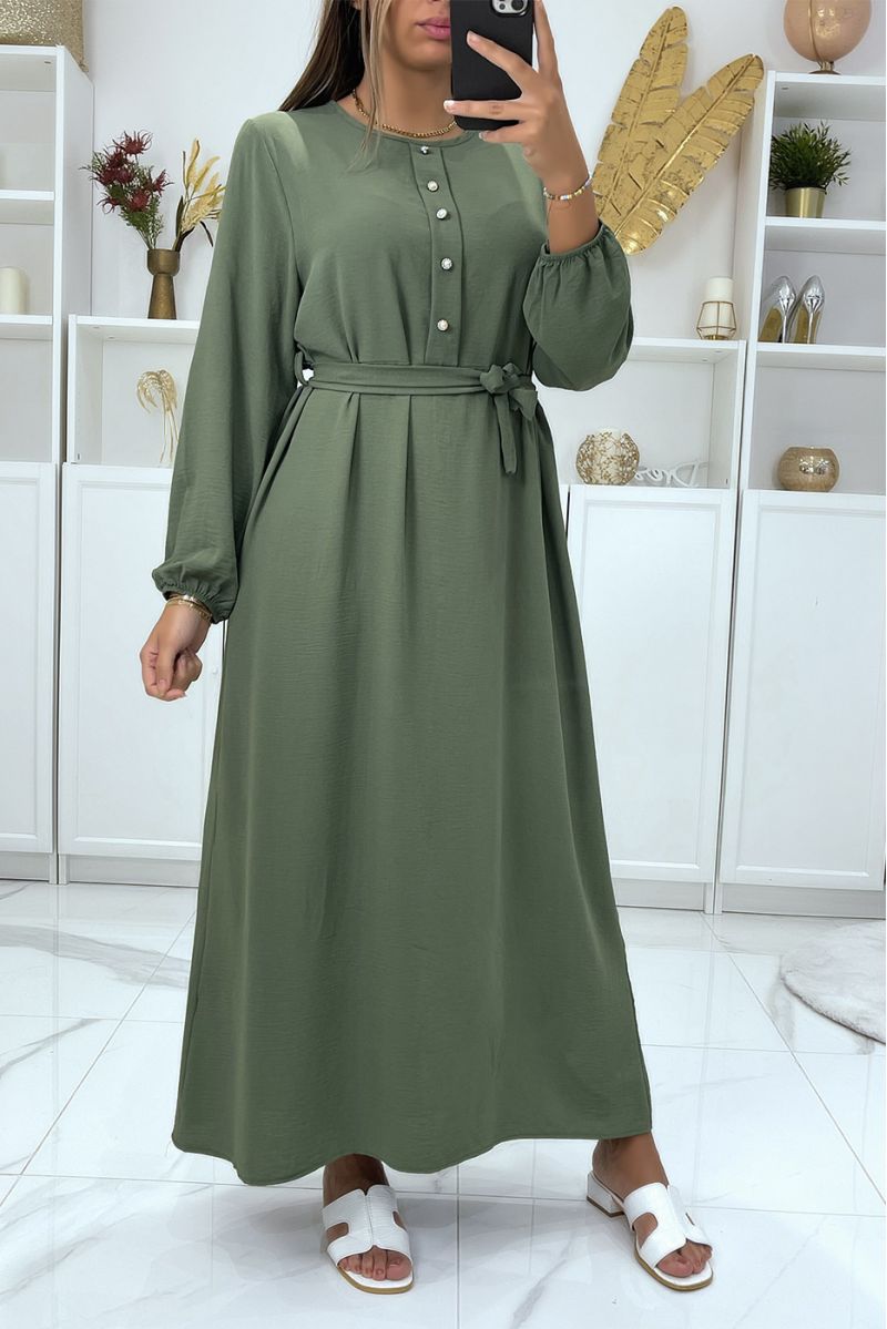 Long khaki dress with high collar and long sleeves covered and belted at the waist - 2