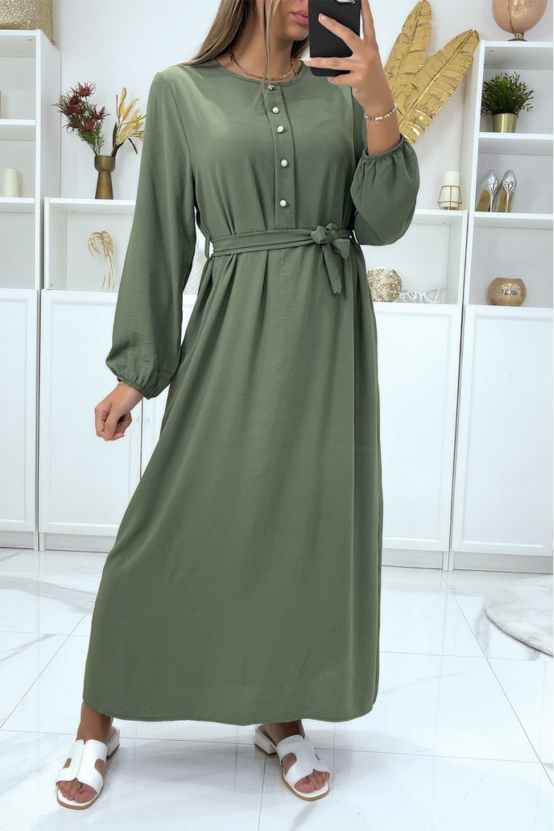 Long khaki dress with high collar and long sleeves covered and belted at the waist - 3