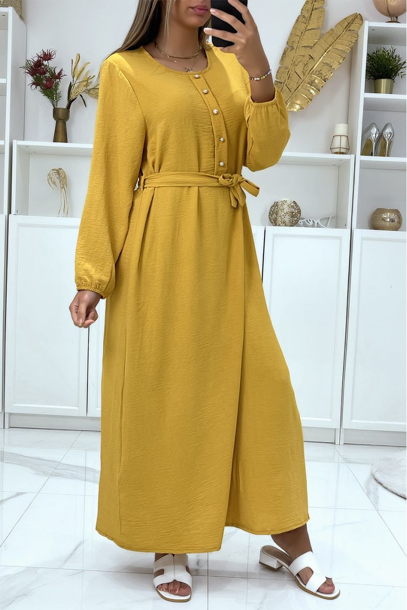 Long mustard dress with high collar and long sleeves covered and belted at the waist - 2
