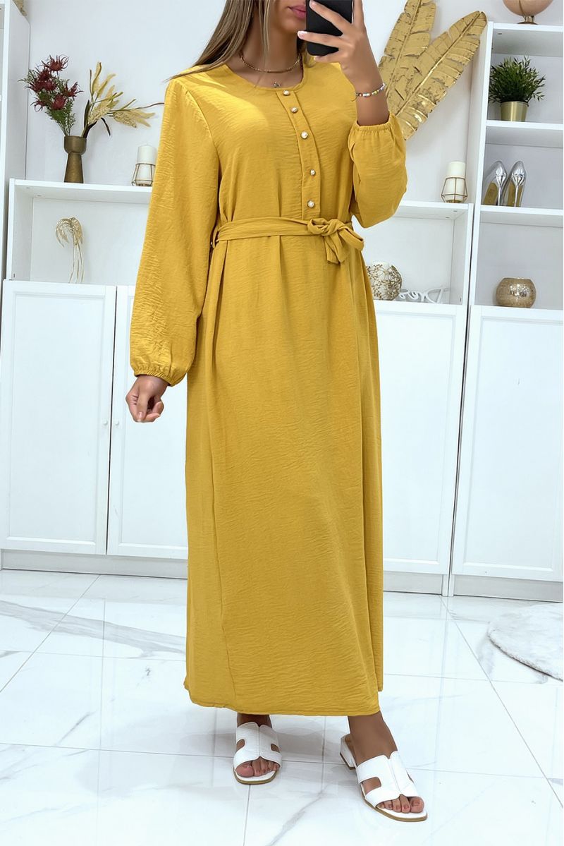 Long mustard dress with high collar and long sleeves covered and belted at the waist - 3