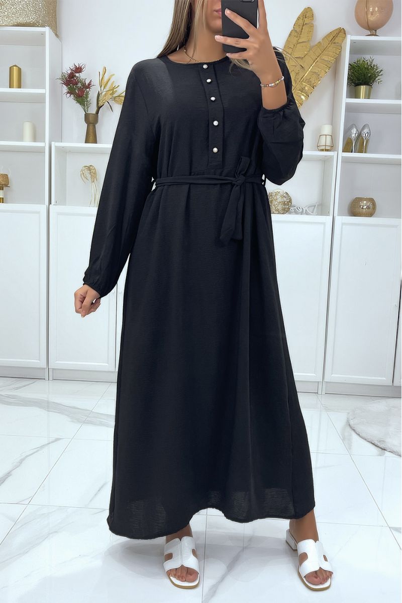 Long black dress with high collar and long sleeves covered and belted at the waist - 2