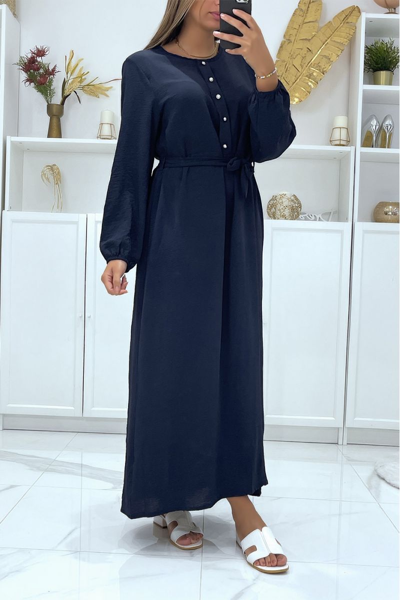 Long navy dress with high collar and long covered sleeves and belted at the waist - 1