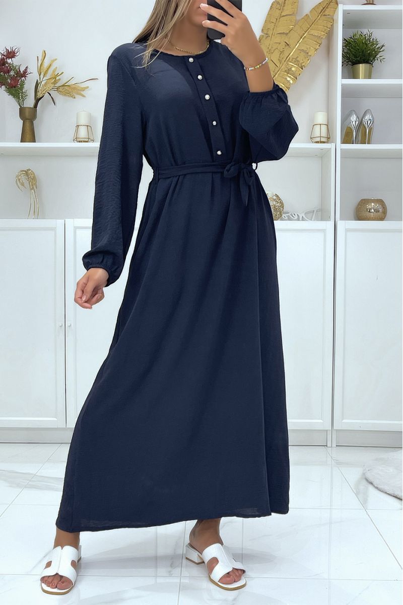 Long navy dress with high collar and long covered sleeves and belted at the waist - 2