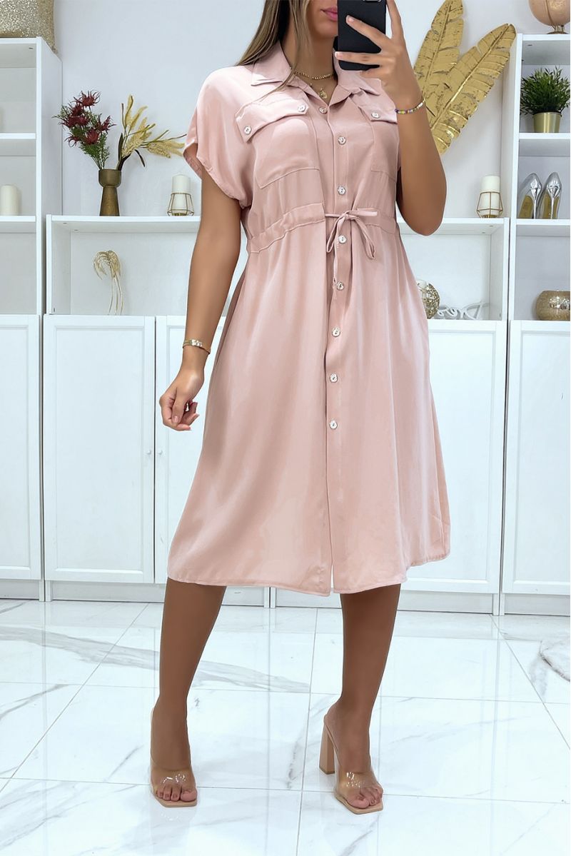 Buttoned pink dress with chest pockets and adjustable waist - 1