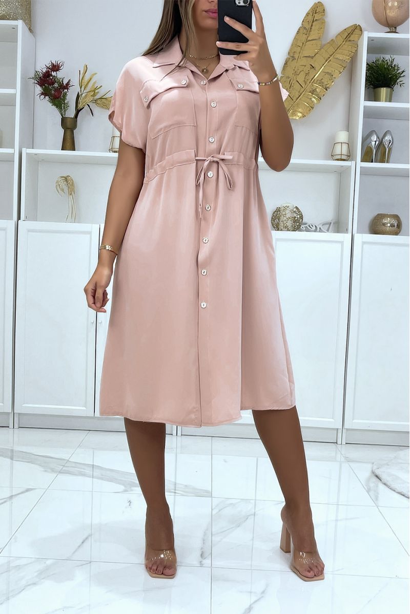 Buttoned pink dress with chest pockets and adjustable waist - 2
