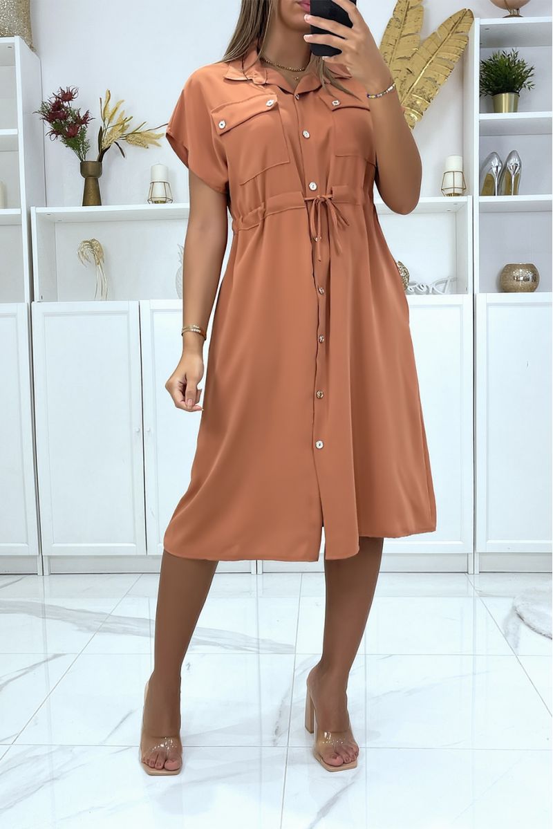 Buttoned coral dress with chest pockets and adjustable waist - 1