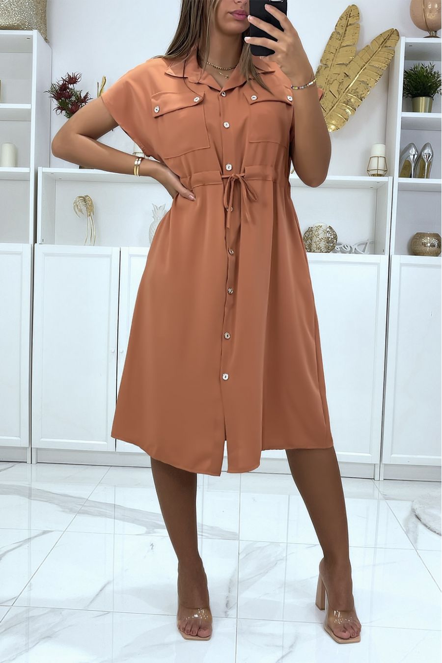 Robe corail boutonné avec poches au buste et ajustable à la taille - 2