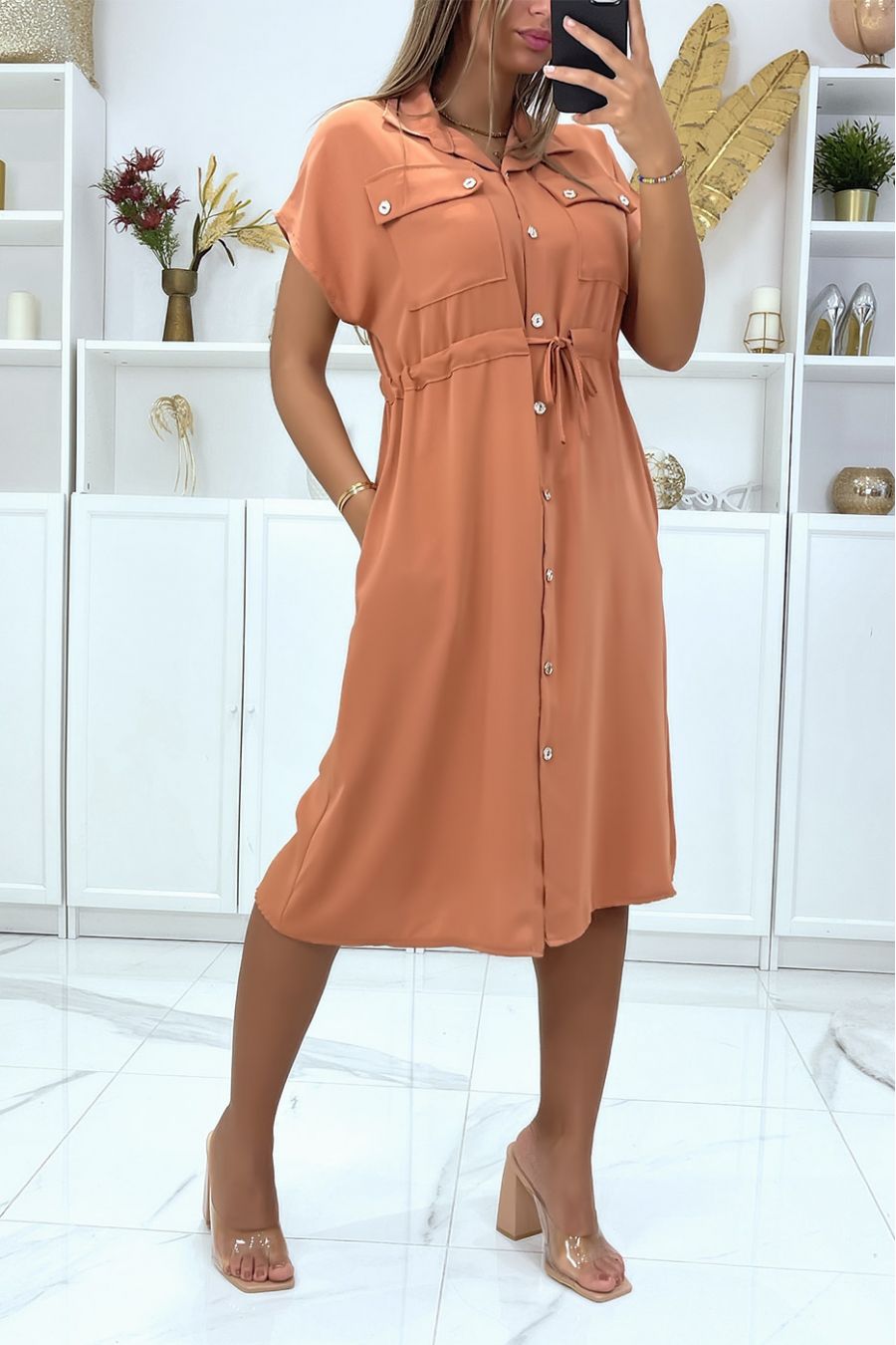 Robe corail boutonné avec poches au buste et ajustable à la taille - 4