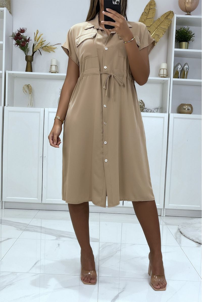 Buttoned beige dress with chest pockets and adjustable waist - 2