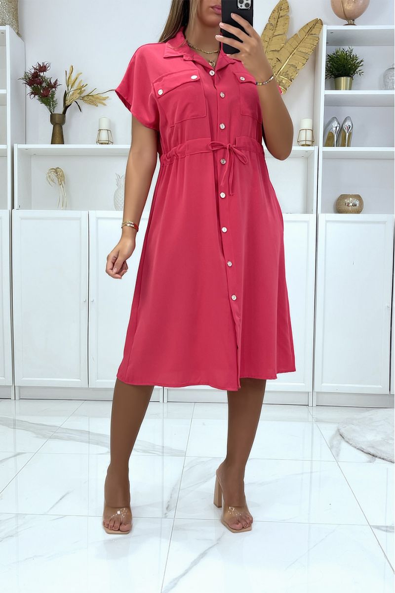 Robe fuchsia boutonné avec poches au buste et ajustable à la taille - 1