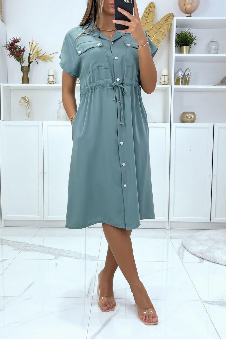 Water green buttoned dress with chest pockets and adjustable waist - 3