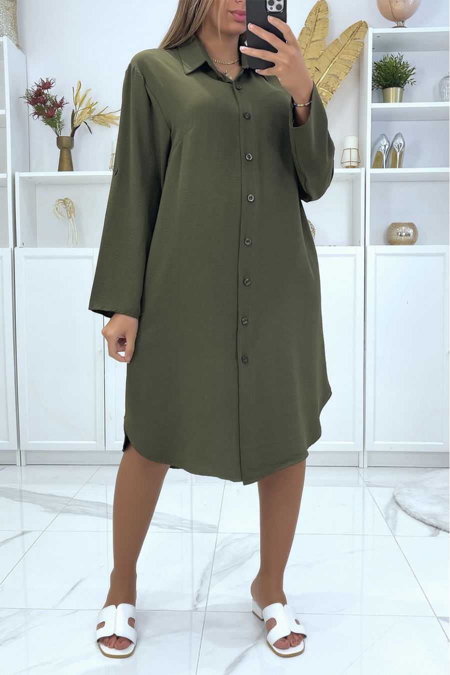 Long very loose green oversized shirt dress - 1