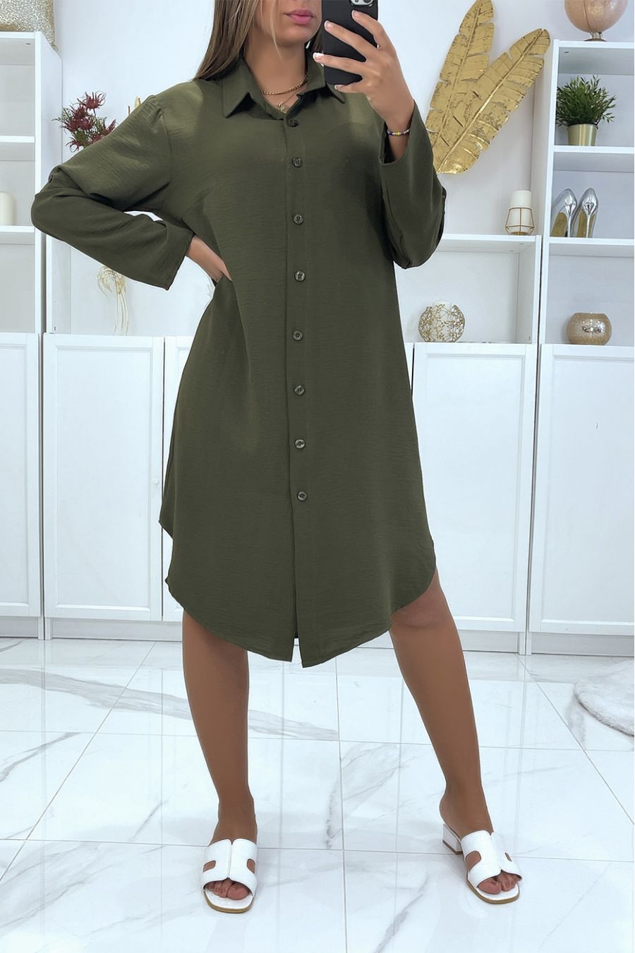 Lange zeer losse groene oversized hemdjurk - 2