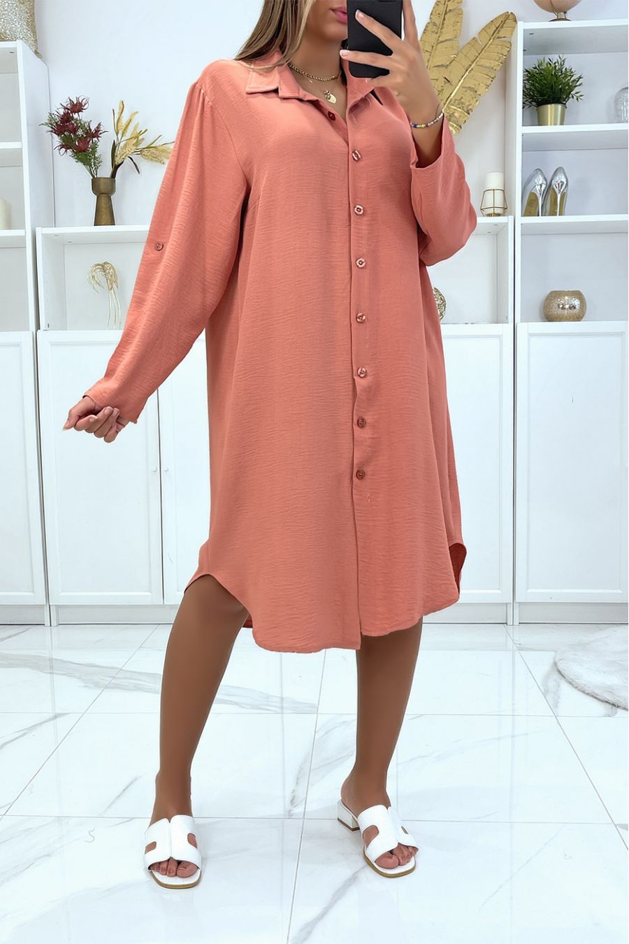Long dark pink very loose oversized shirt dress - 2