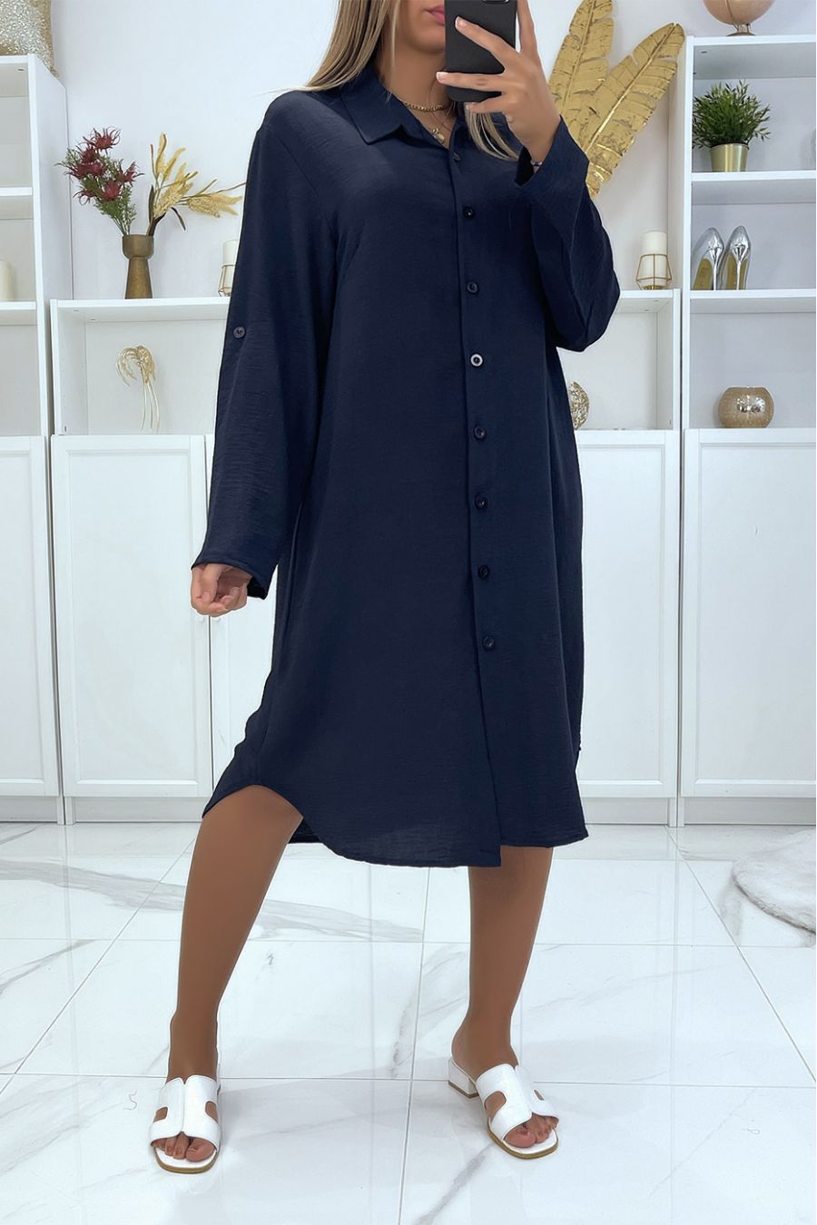 Longue robe chemise over size marine très ample - 1