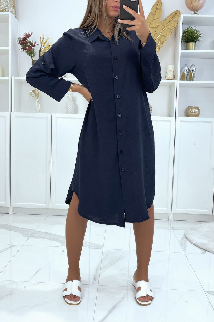 Lange oversized zeer losse marineblauwe hemdjurk - 2