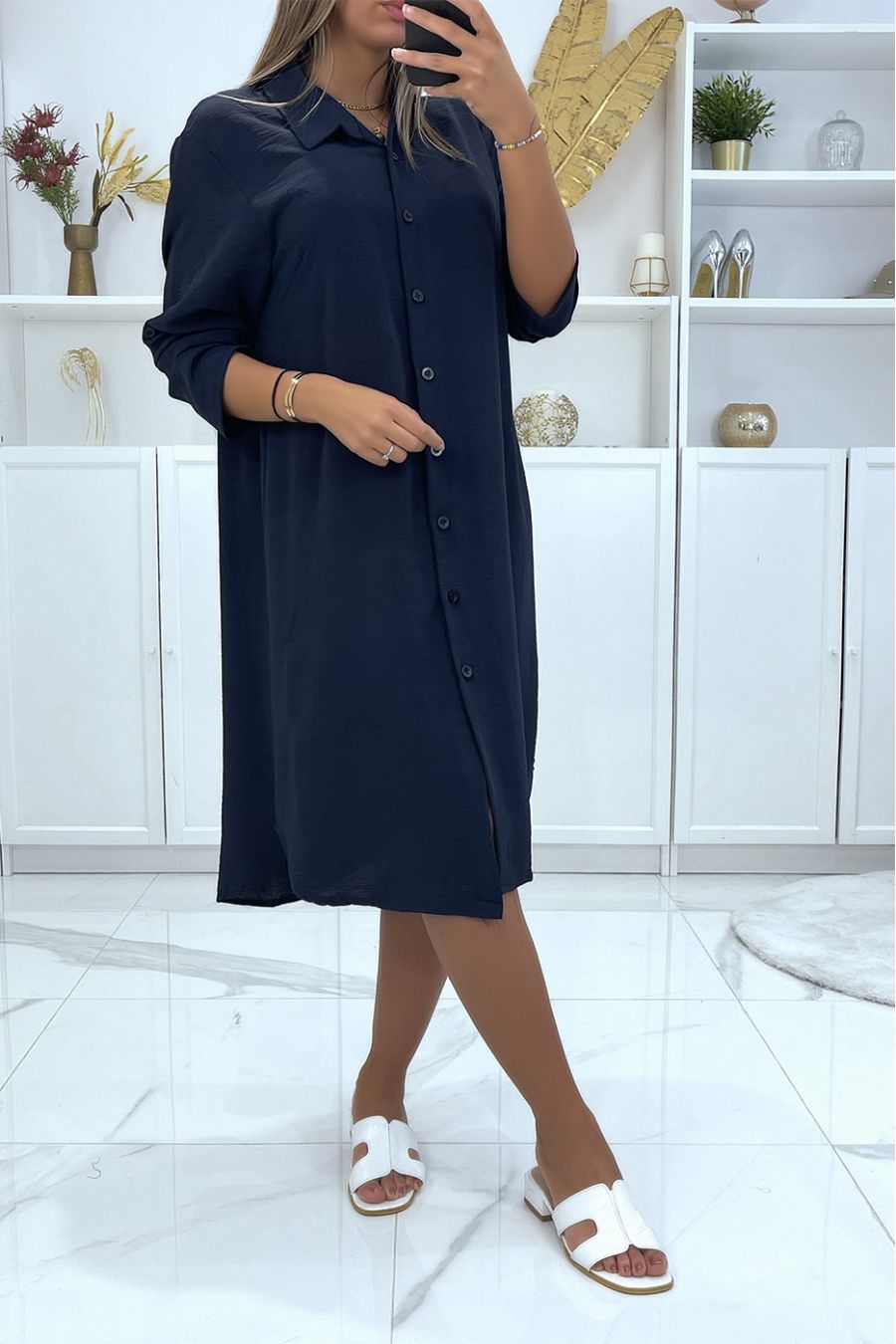 Longue robe chemise over size marine très ample - 4