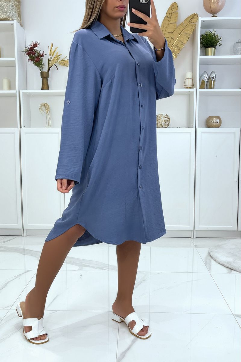 Lange losse indigoblauwe oversized overhemdjurk - 3