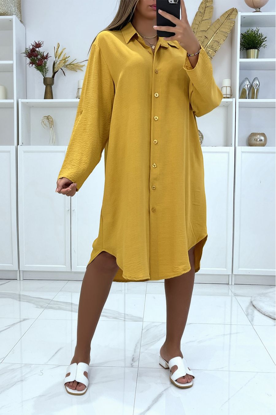 Lange zeer losse mosterd oversized overhemdjurk - 1