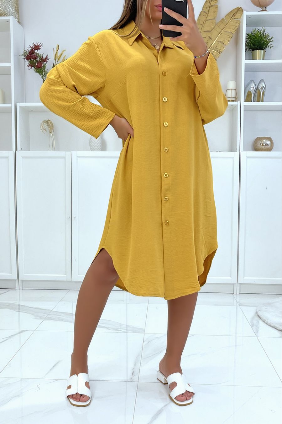 Lange zeer losse mosterd oversized overhemdjurk - 2