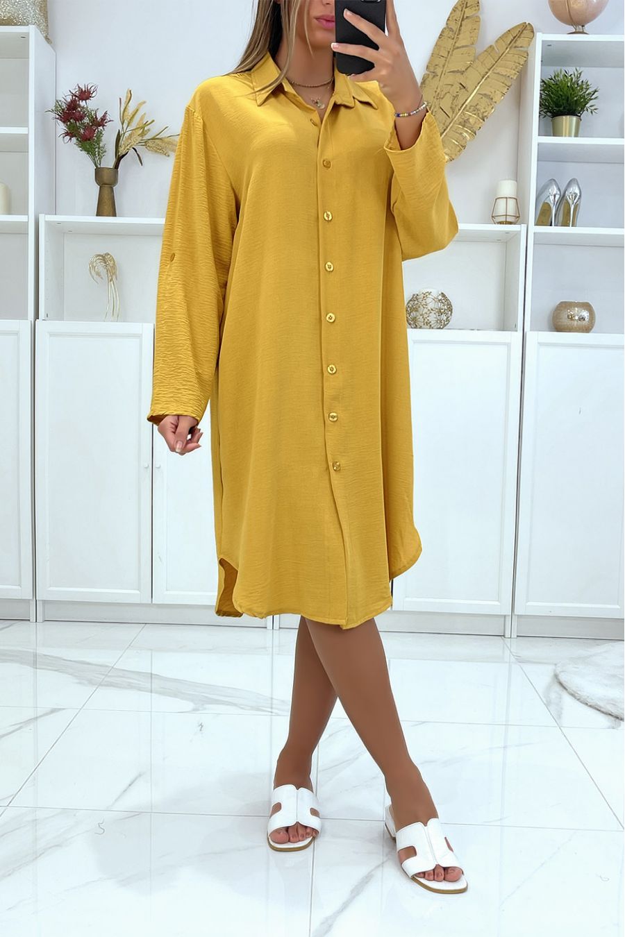 Long very loose mustard oversized shirt dress - 3