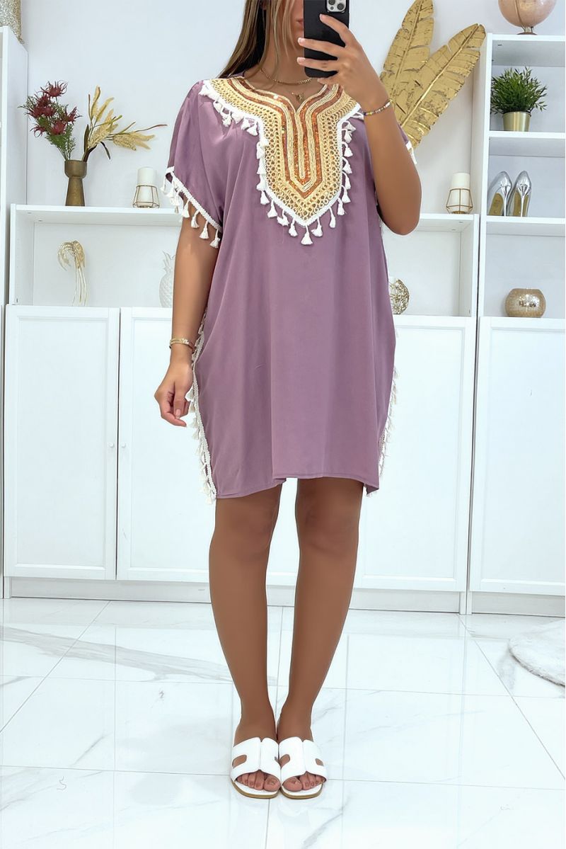 Tunisian collar lilac tunic with sublime sequined accessory - 2