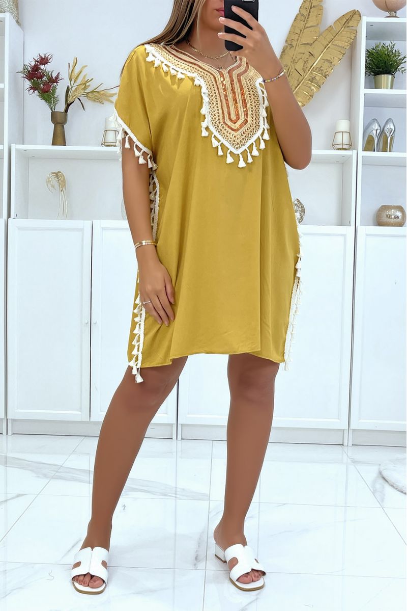 Mustard Tunisian collar tunic with sublime sequined accessory - 1