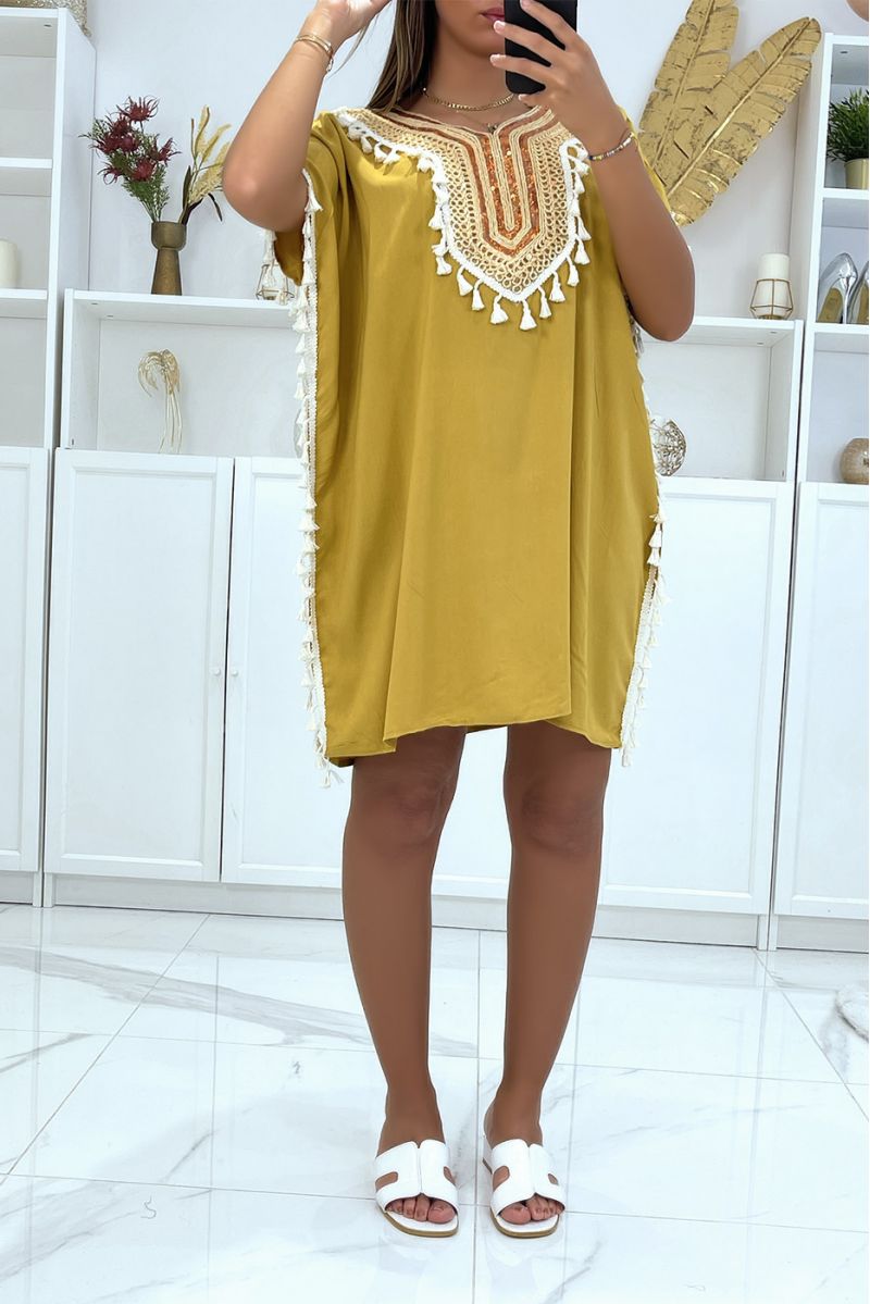 Mustard Tunisian collar tunic with sublime sequined accessory - 2