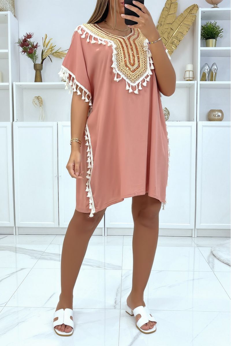 Tunisian collar pink tunic with sublime sequined accessory - 1