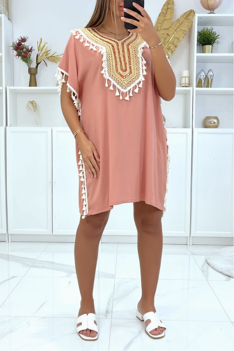 Tunisian collar pink tunic with sublime sequined accessory - 2