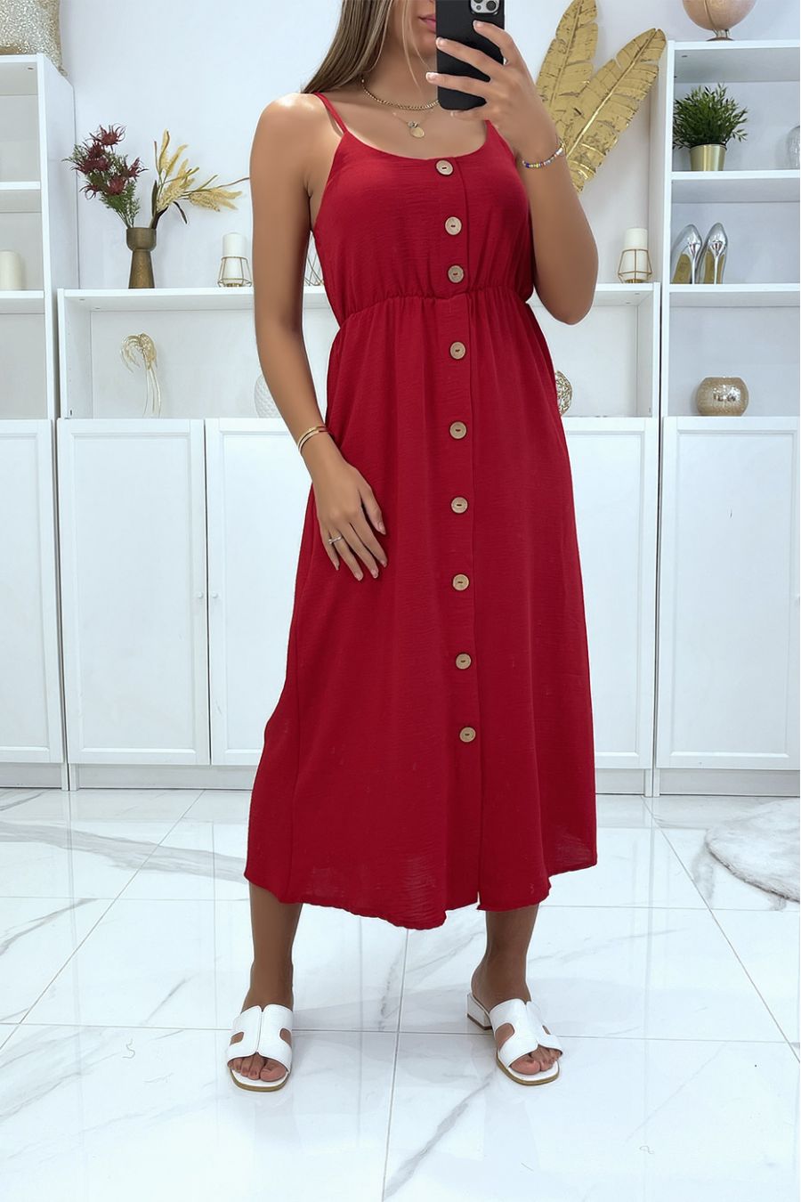 Long buttoned burgundy dress with adjustable strap - 1