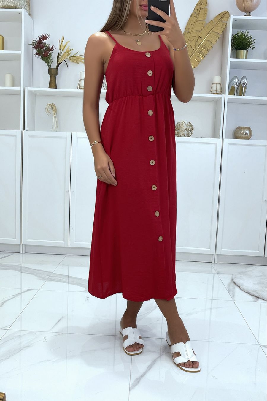 Longue robe bordeaux boutonné avec bretelle ajustable  - 2