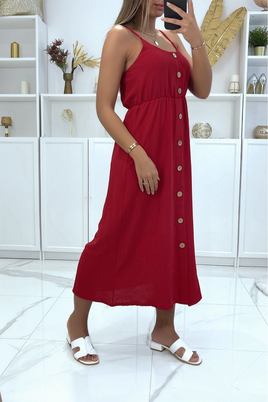 Long buttoned burgundy dress with adjustable strap - 3