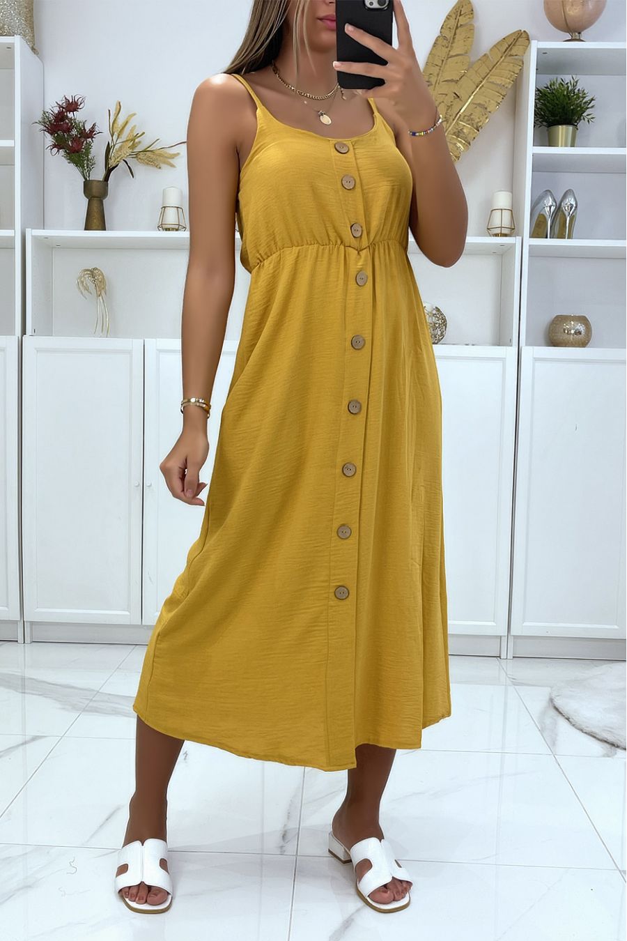 Long buttoned mustard dress with adjustable strap - 1