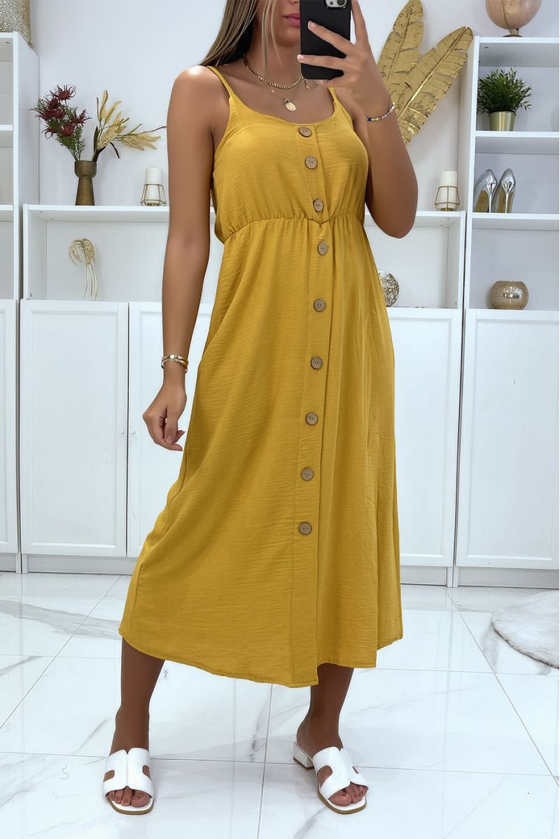 Long buttoned mustard dress with adjustable strap - 1