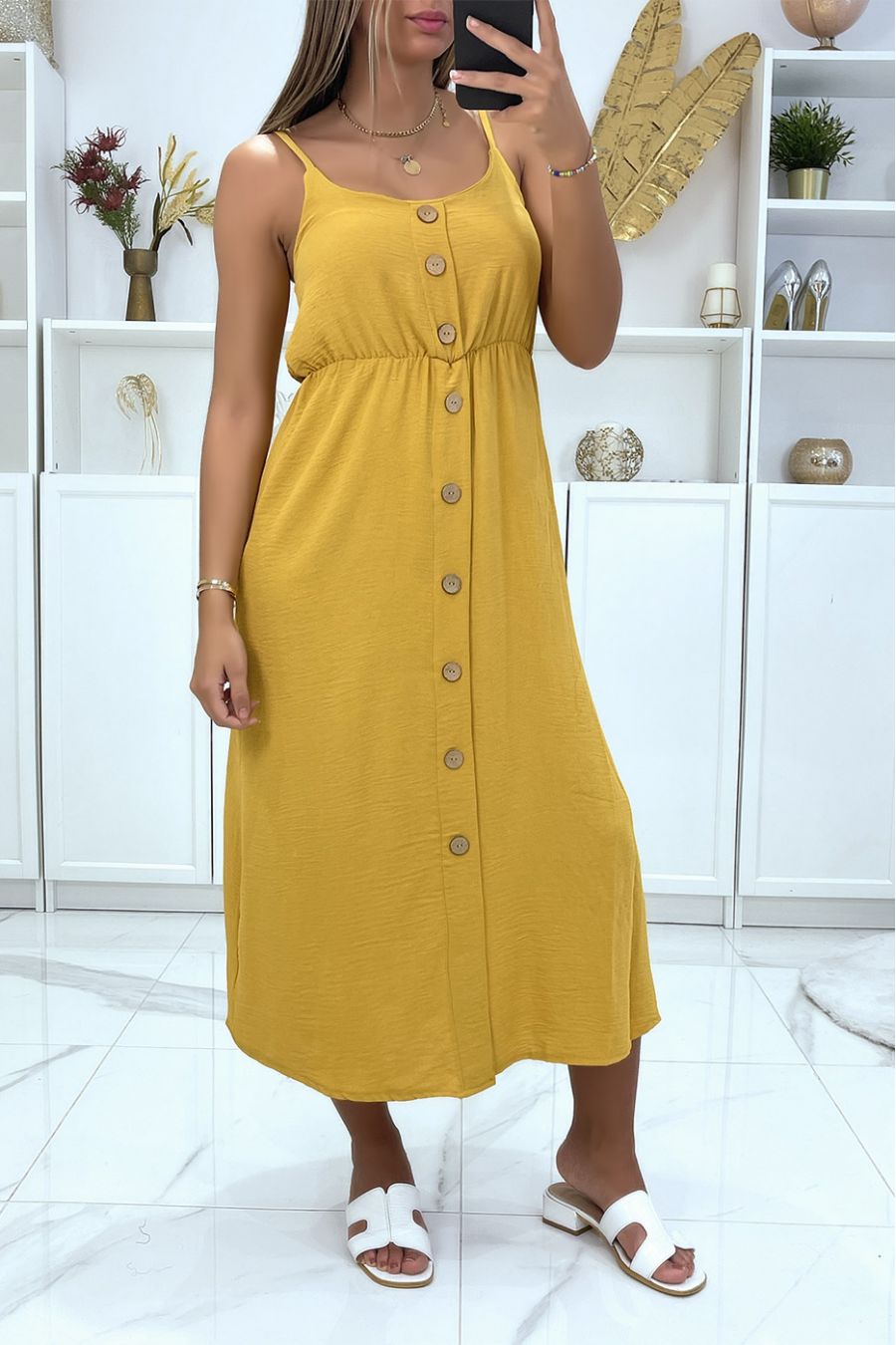 Long buttoned mustard dress with adjustable strap - 2