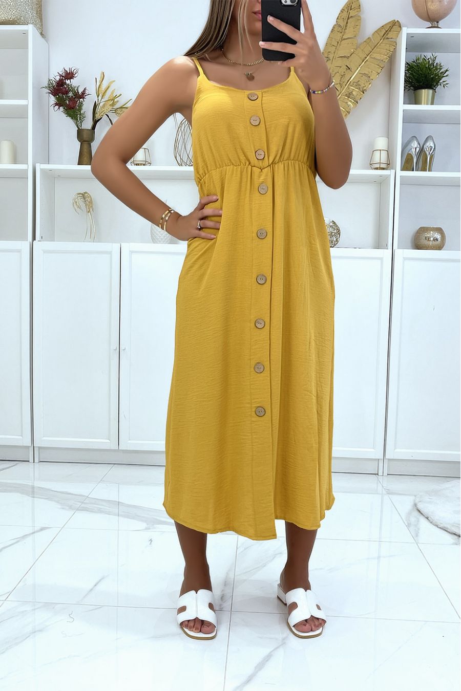 Long buttoned mustard dress with adjustable strap - 3