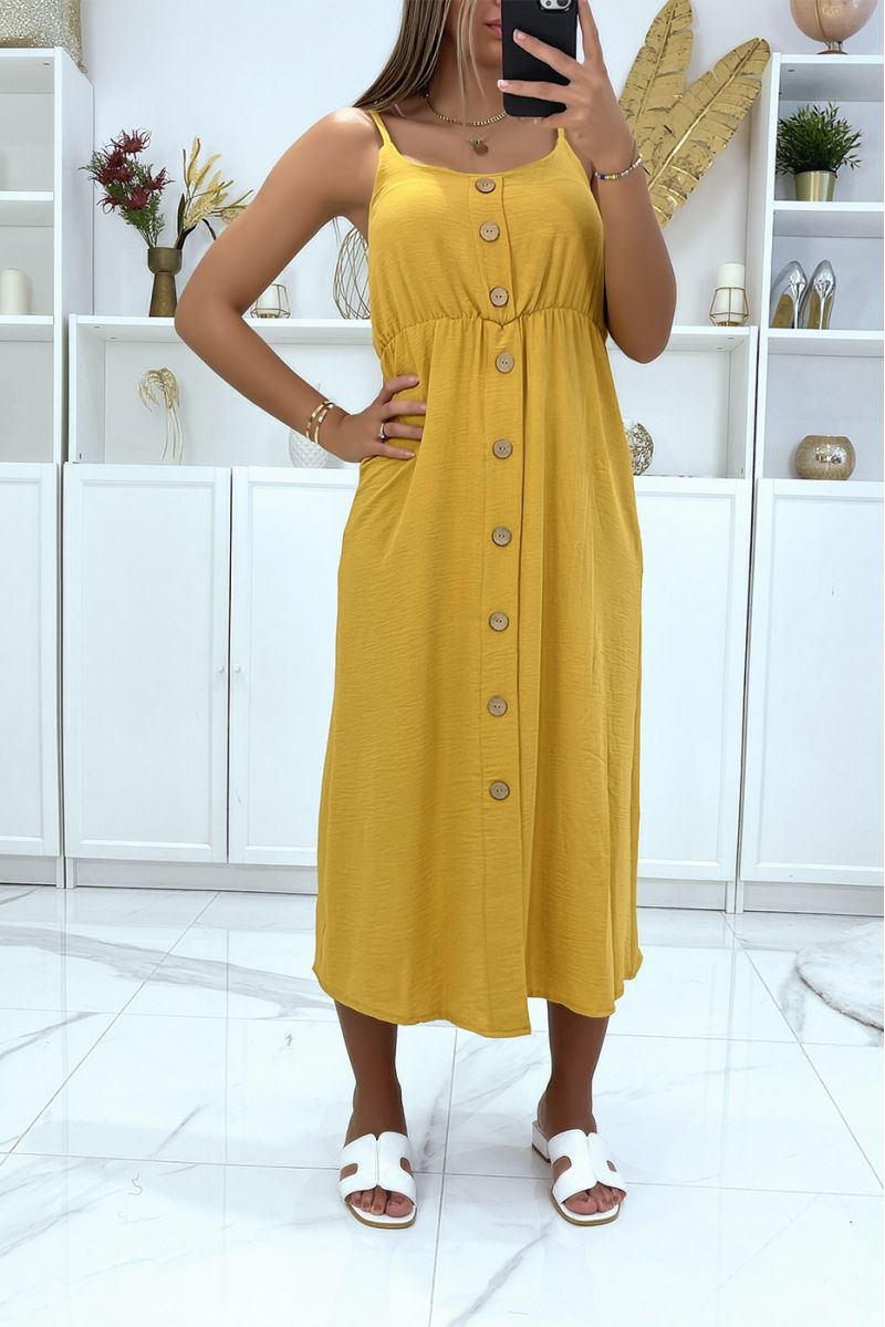 Long buttoned mustard dress with adjustable strap - 3